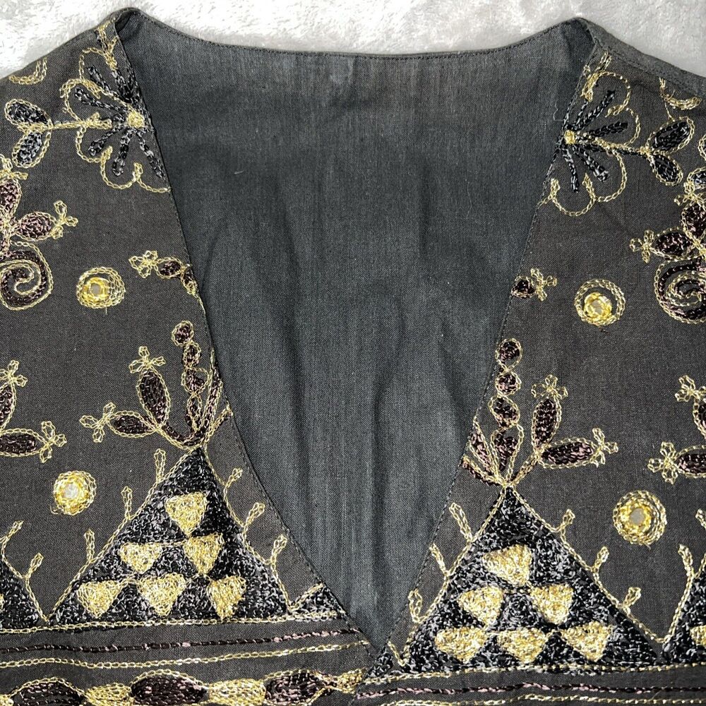 Jou Jou Vintage Womens M Vest Embellish Pockets Gold Metallic Thread Buckle Back - Picture 3 of 13